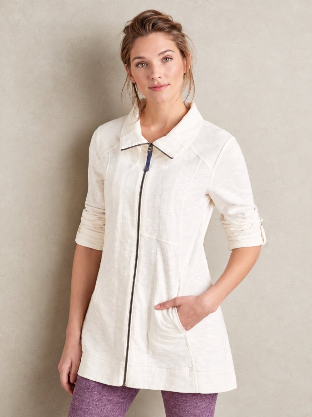 ANTHROPOLOGIE Saturday Sunday Quinn Ivory Textured Zip Jacket SZ XS 100% Cotton - Picture 2 of 8